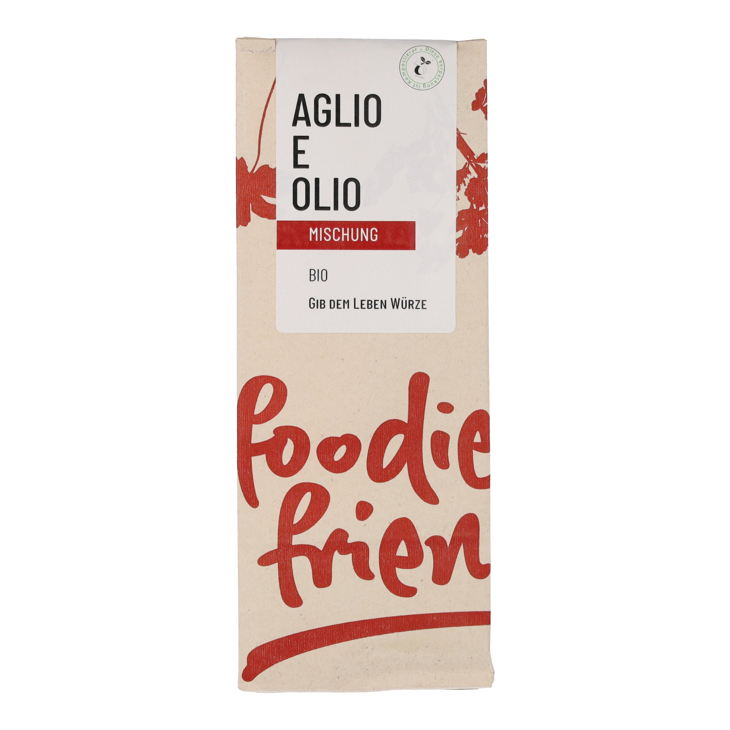 Kompostierbare Tüte mit 50g Bio Aglio e Olio Gewürzmischung von foodie & friends. Aromatische Mischung aus Knoblauch, Kräutern und Gewürzen.