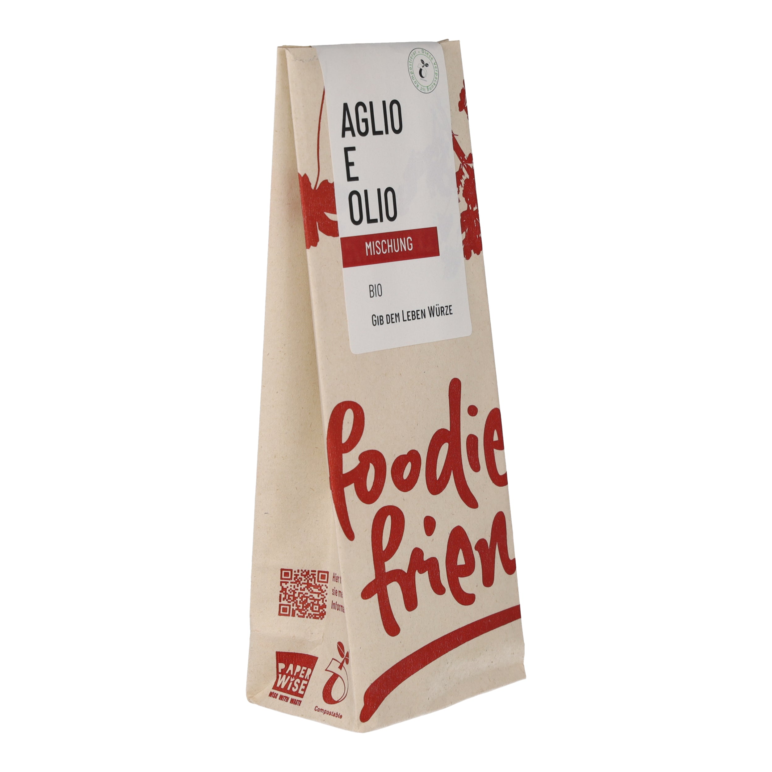Kompostierbare Tüte mit 50g Bio Aglio e Olio Gewürzmischung von foodie & friends. Aromatische Mischung aus Knoblauch, Kräutern und Gewürzen.