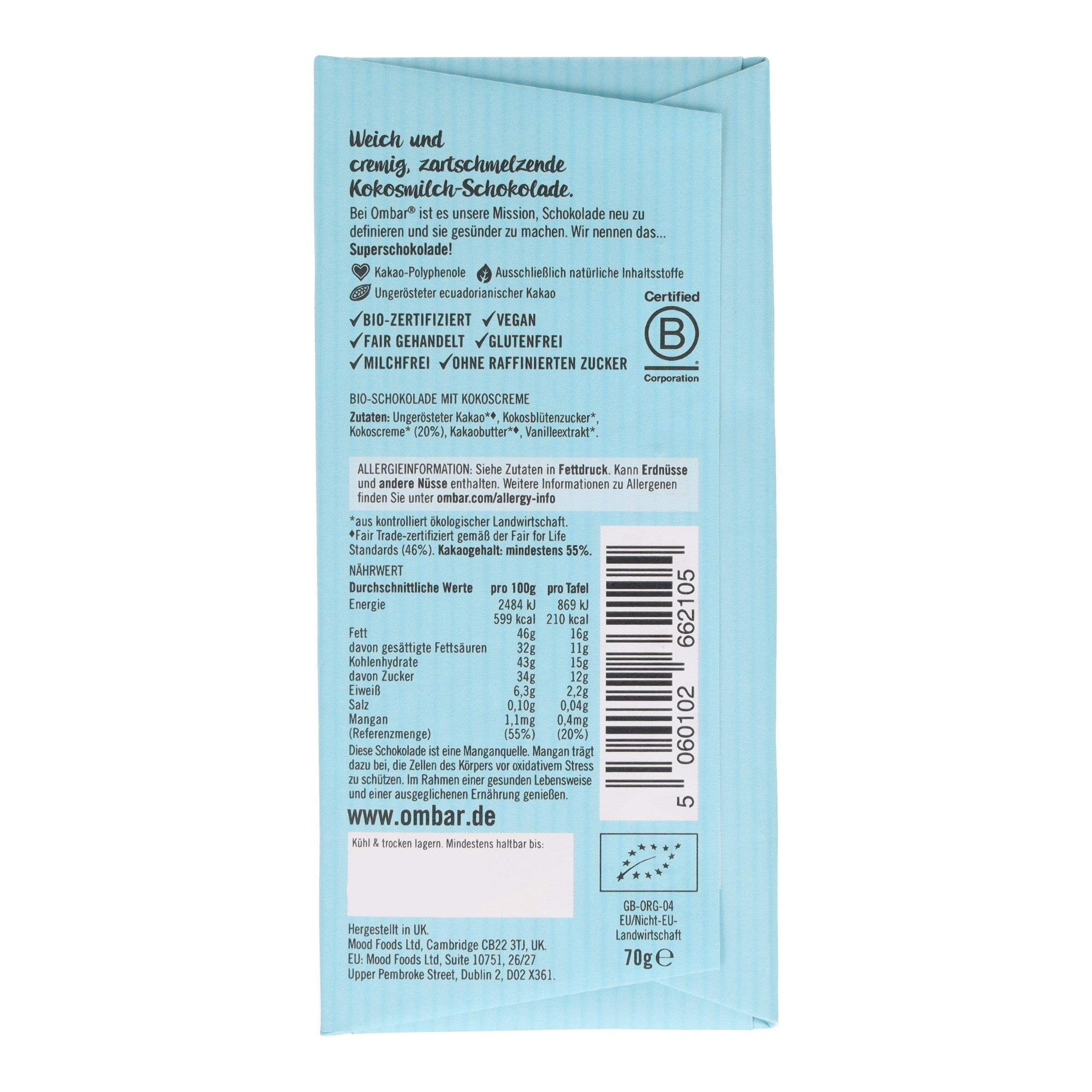 Ombar® Kokosmilch 55% Bio Rohschokolade 70g