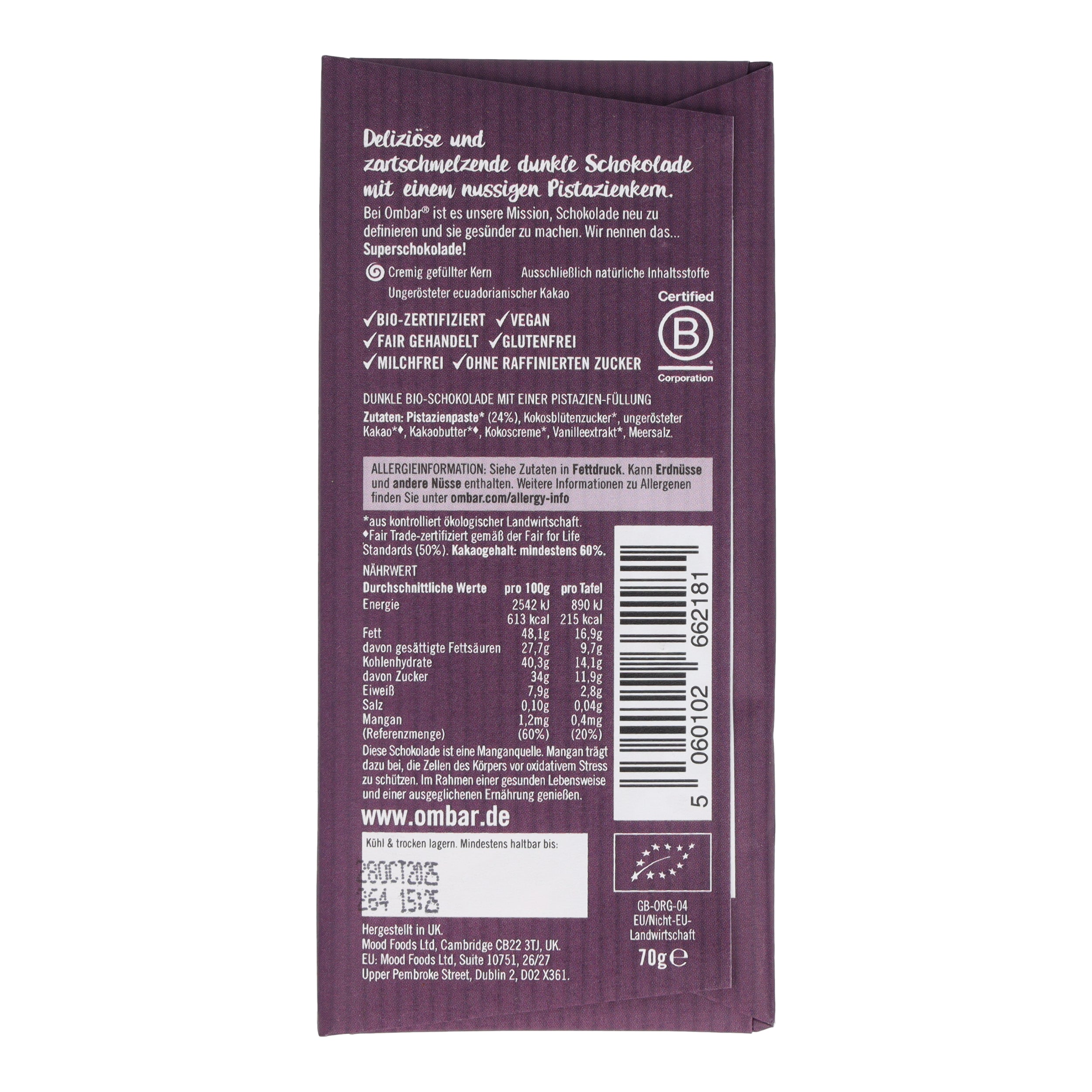 Ombar® CENTRES Pistazie Bio-Rohschokolade 70g