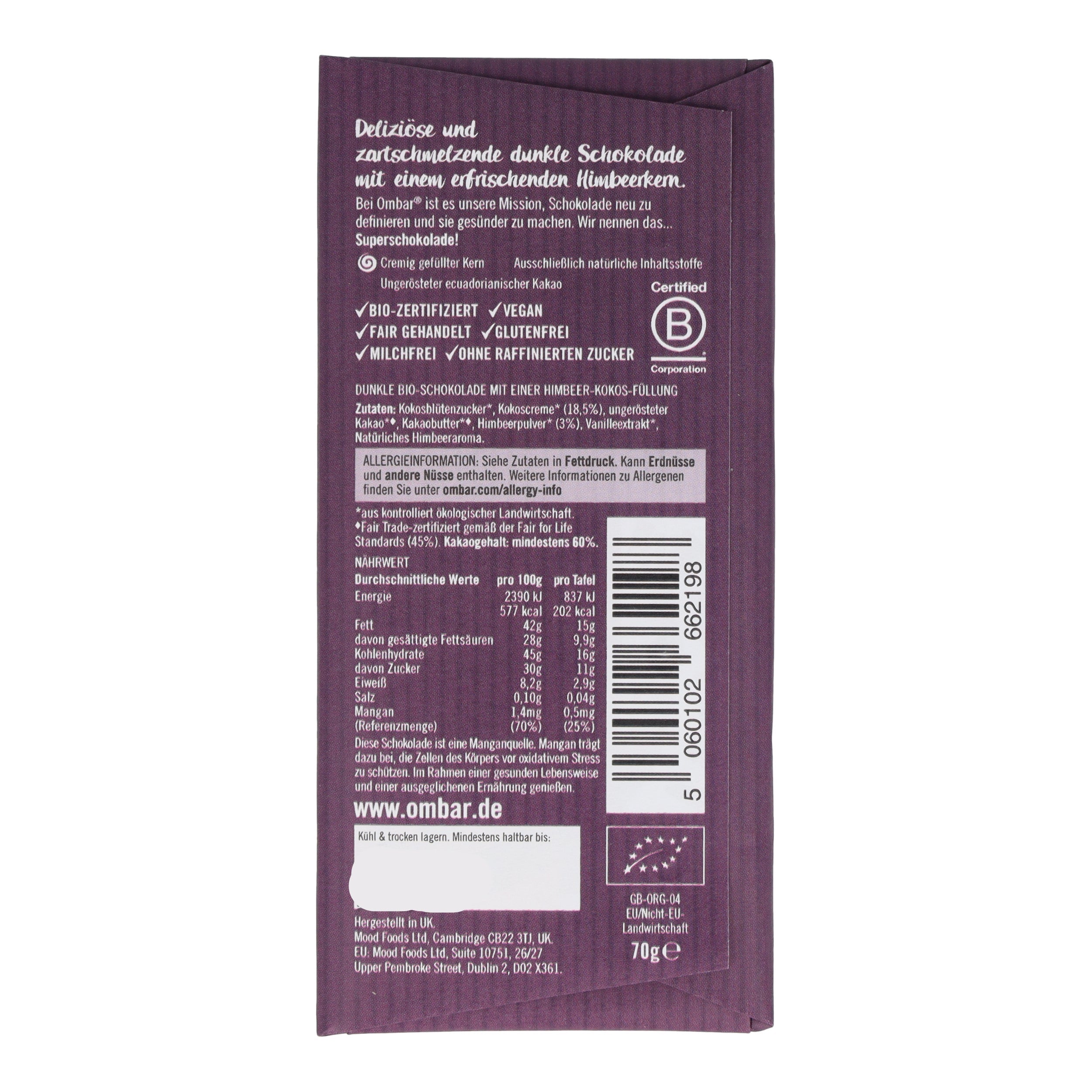 Ombar® CENTRES Himbeer & Kokosmilch Bio-Rohschokolade 70g