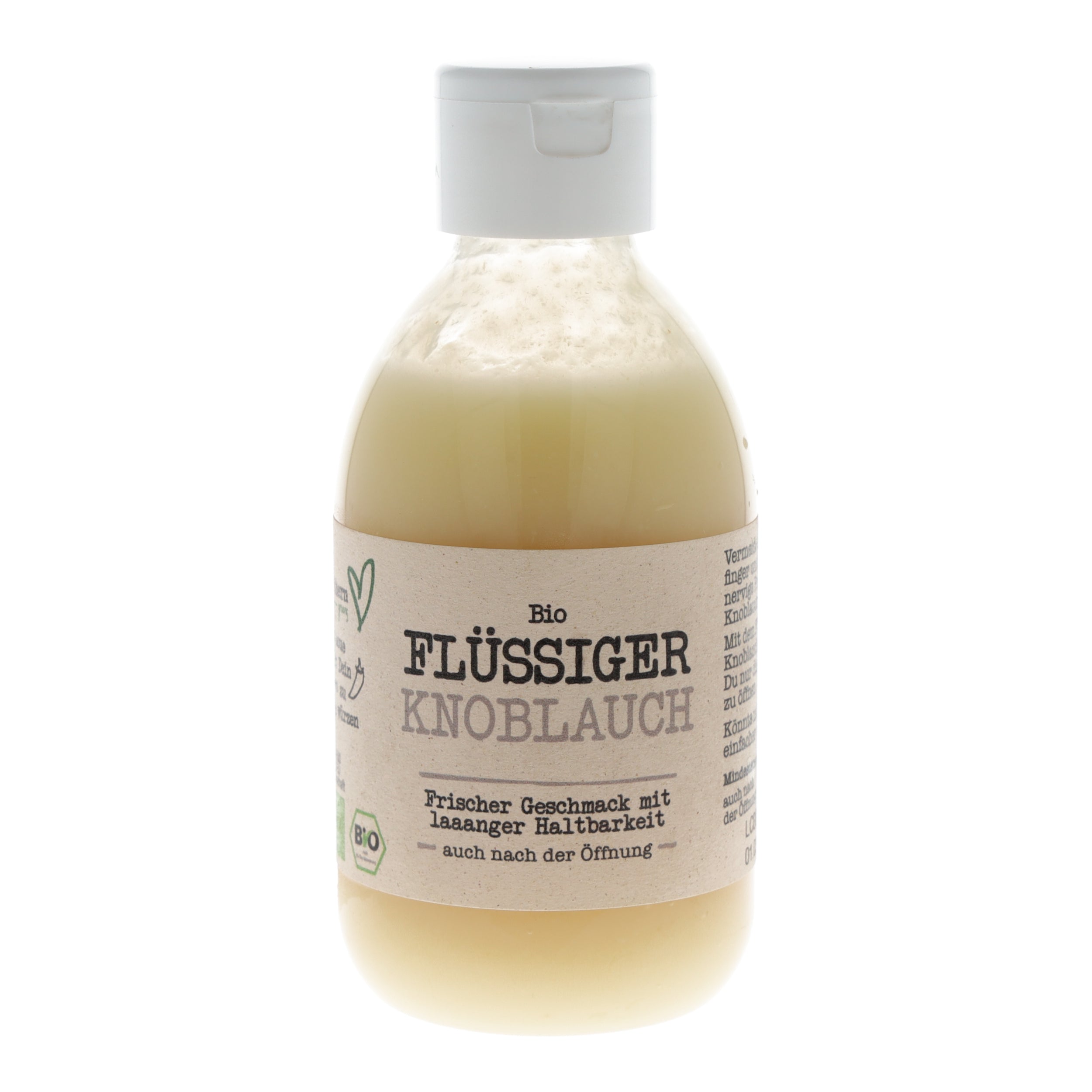 Bio flüssiger Knoblauch in einer Flasche mit weißem Deckel – intensives Aroma, lange haltbar, ideal zum Würzen