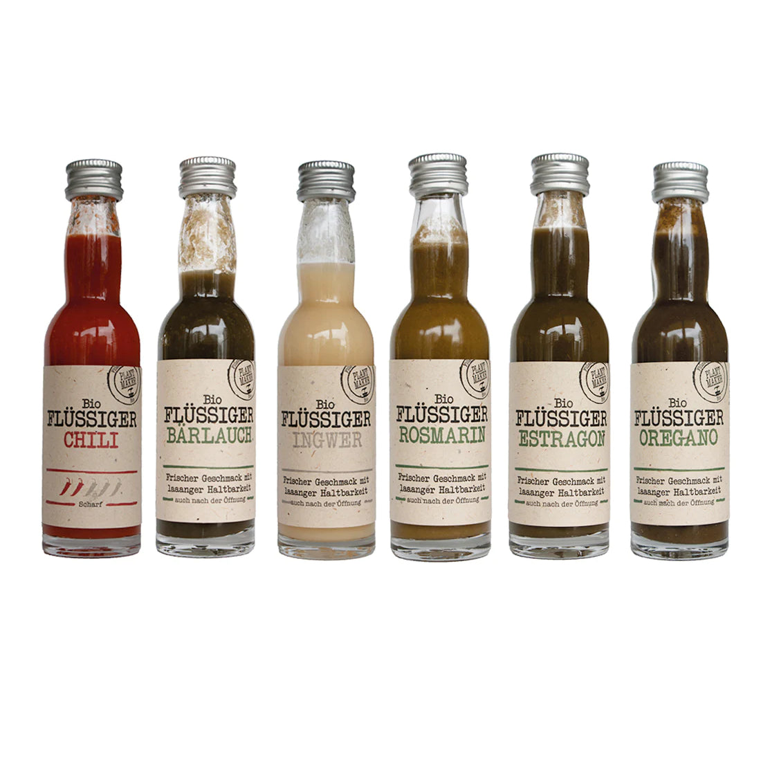 ”Flüssige Bio Kräuter” Set, Chili, Bärlauch, Ingwer, Rosmarin, Estragon, Oregano