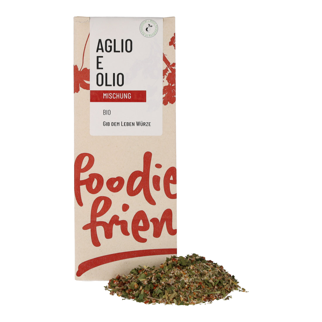 Kompostierbare Tüte mit 50g Bio Aglio e Olio Gewürzmischung von foodie &amp; friends. Aromatische Mischung aus Knoblauch, Kräutern und Gewürzen.