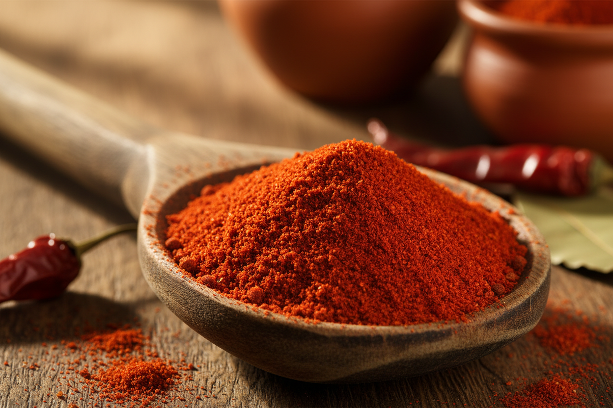 Paprikapulver rot auf einem Holzlöffel